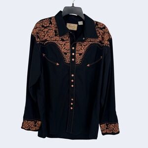 Scully Western Shirt Mens XL Black Bronze Embroidery Snap Button Long Sleeve